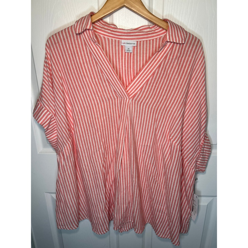 Liz Claiborne Coral and White Striped V-Neck Tunic